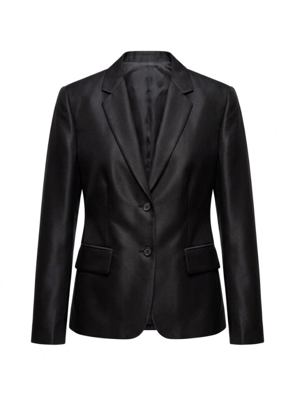 Sleek Black Two-Button Blazer Satin-Finish Suit Jacket with Flap Pockets